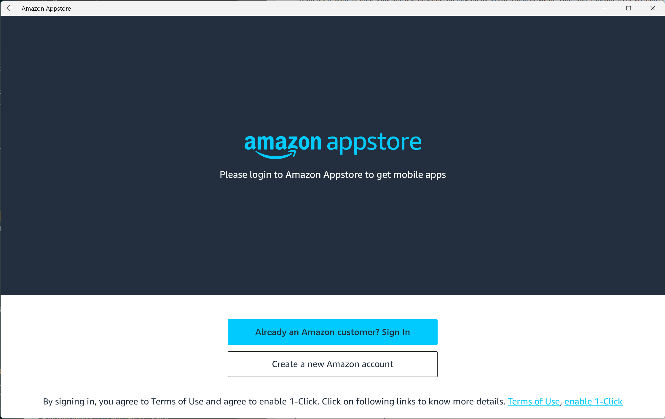 The Amazon Appstore login page on Windows 11.