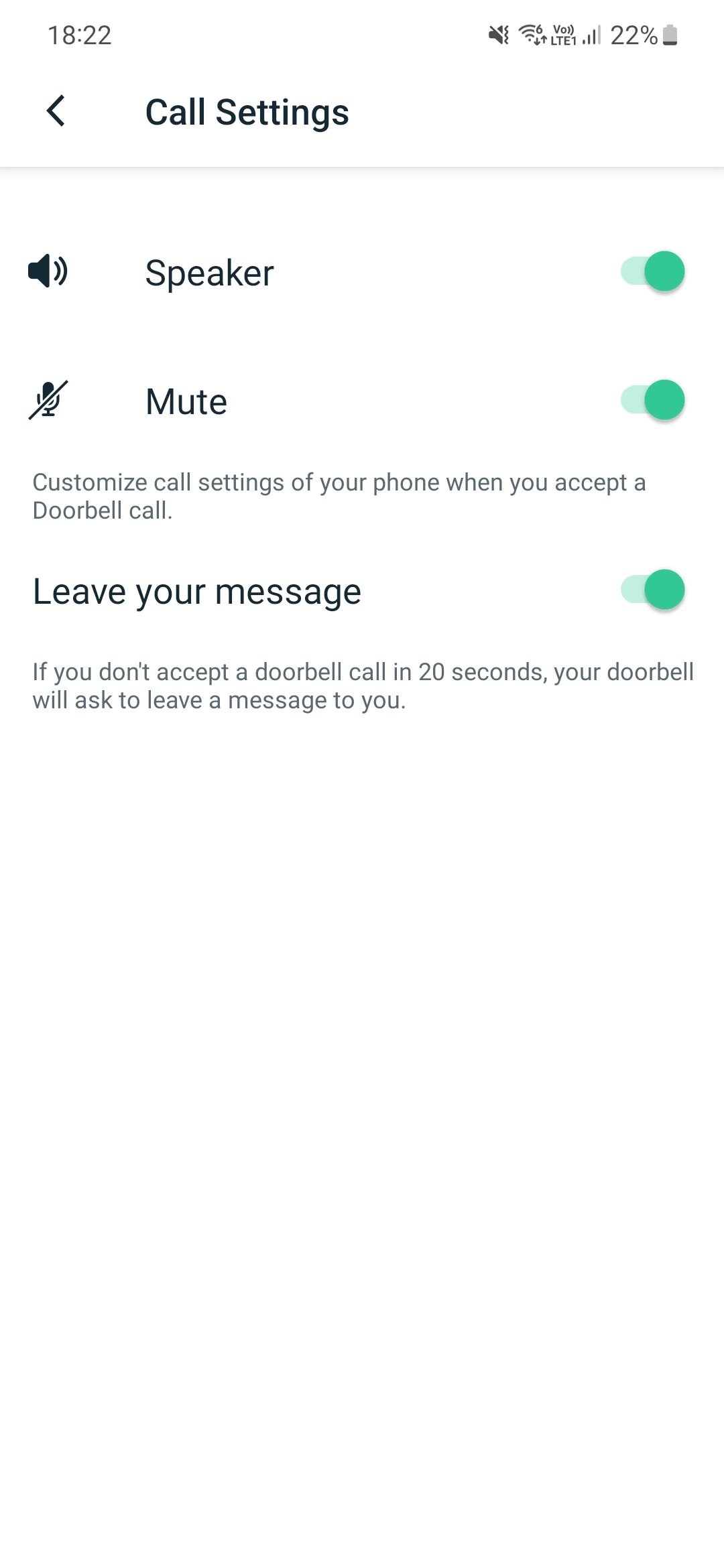 A screenshot of the Arlo Essential Video Doorbell call settings
