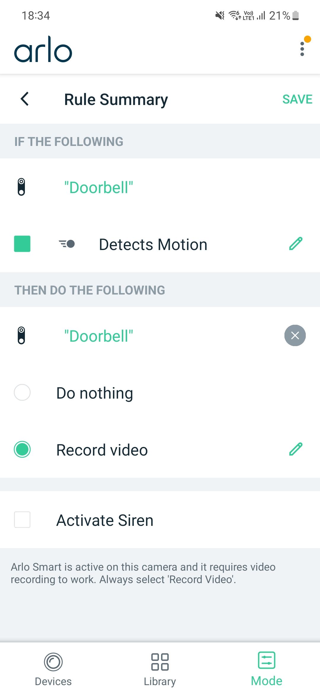 A screenshot of the Arlo Essential Video Doorbell mode settings