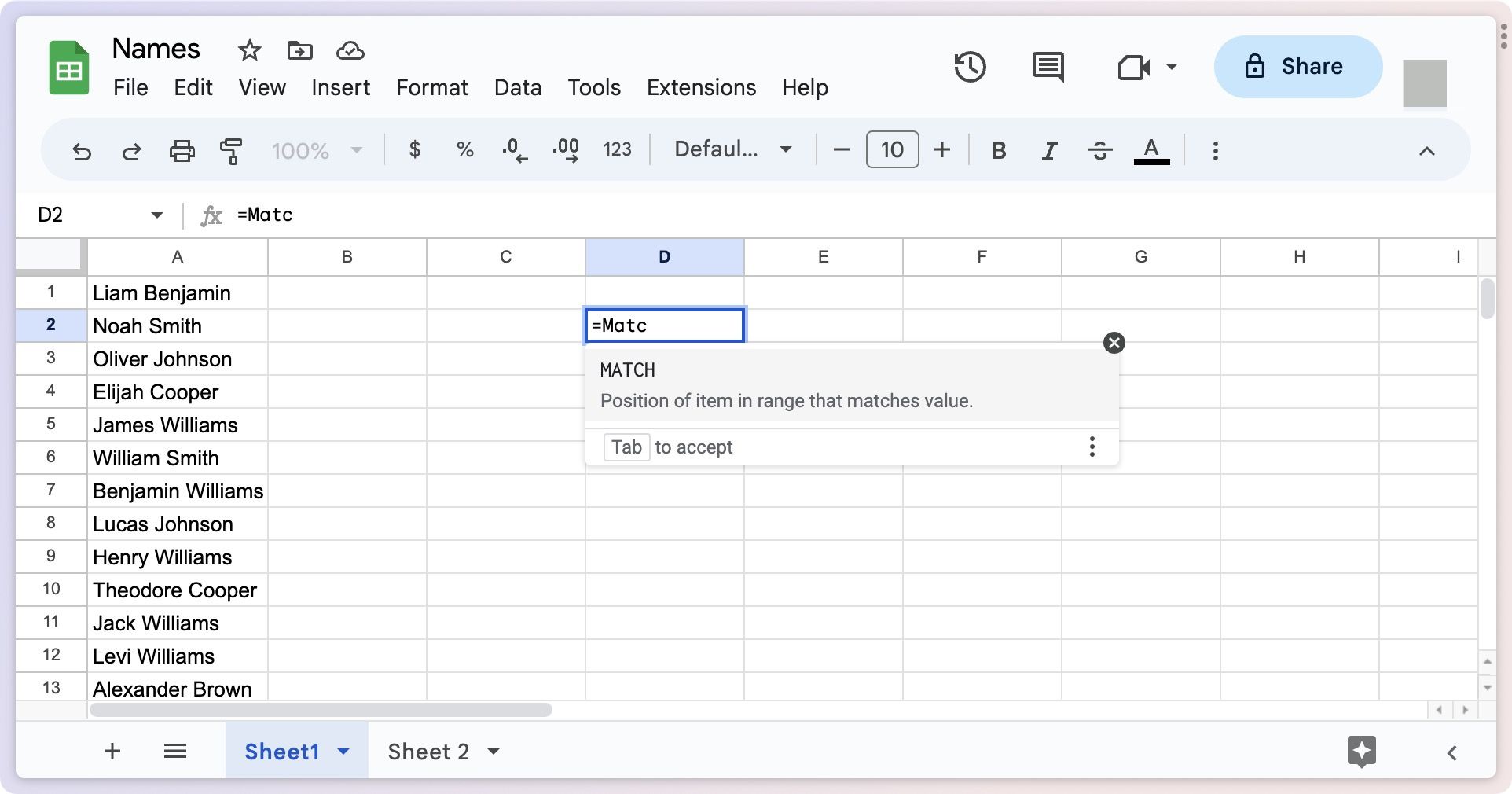 Using match function in Google Sheets