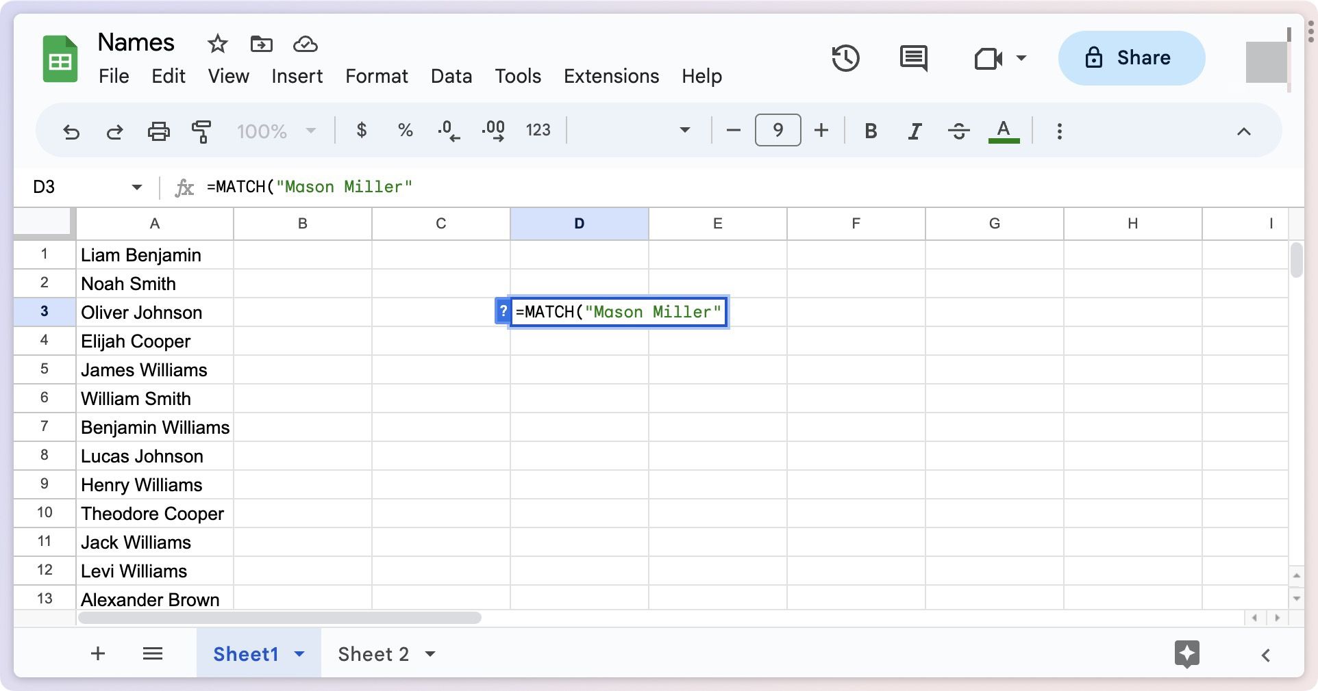 Entering search query in Match function in Google Sheets