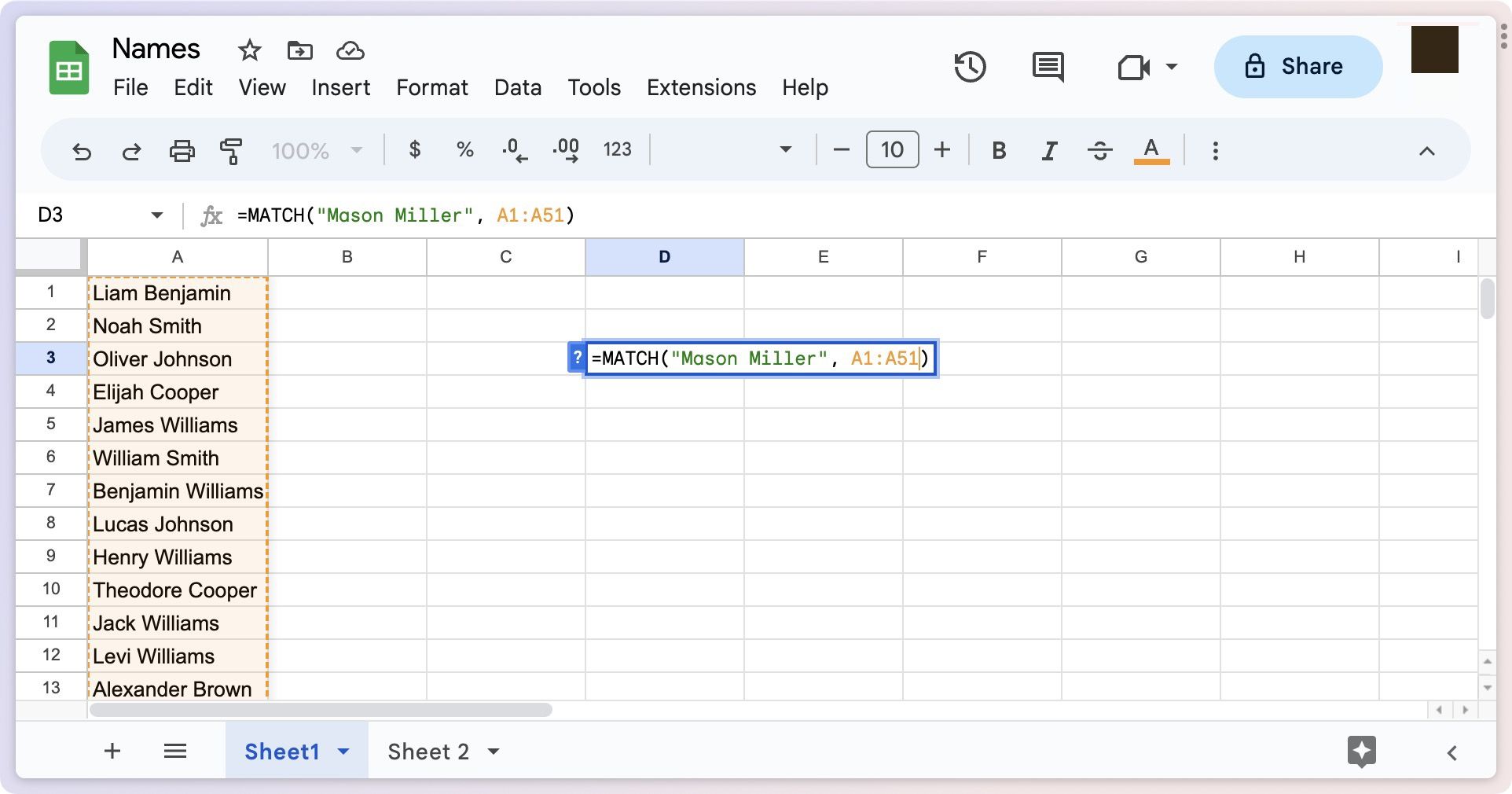 Entering search range in Match function in Google Sheets