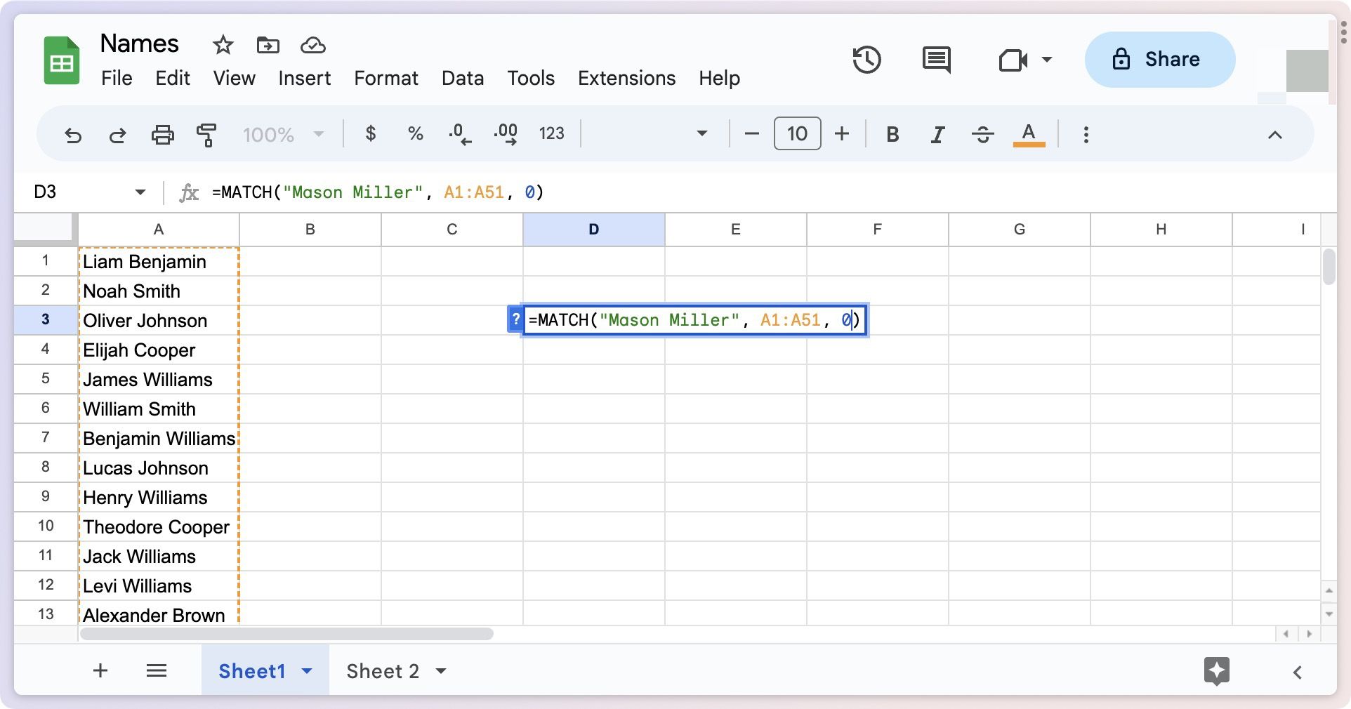 Setting type as 0 in Match formula in Google Sheets