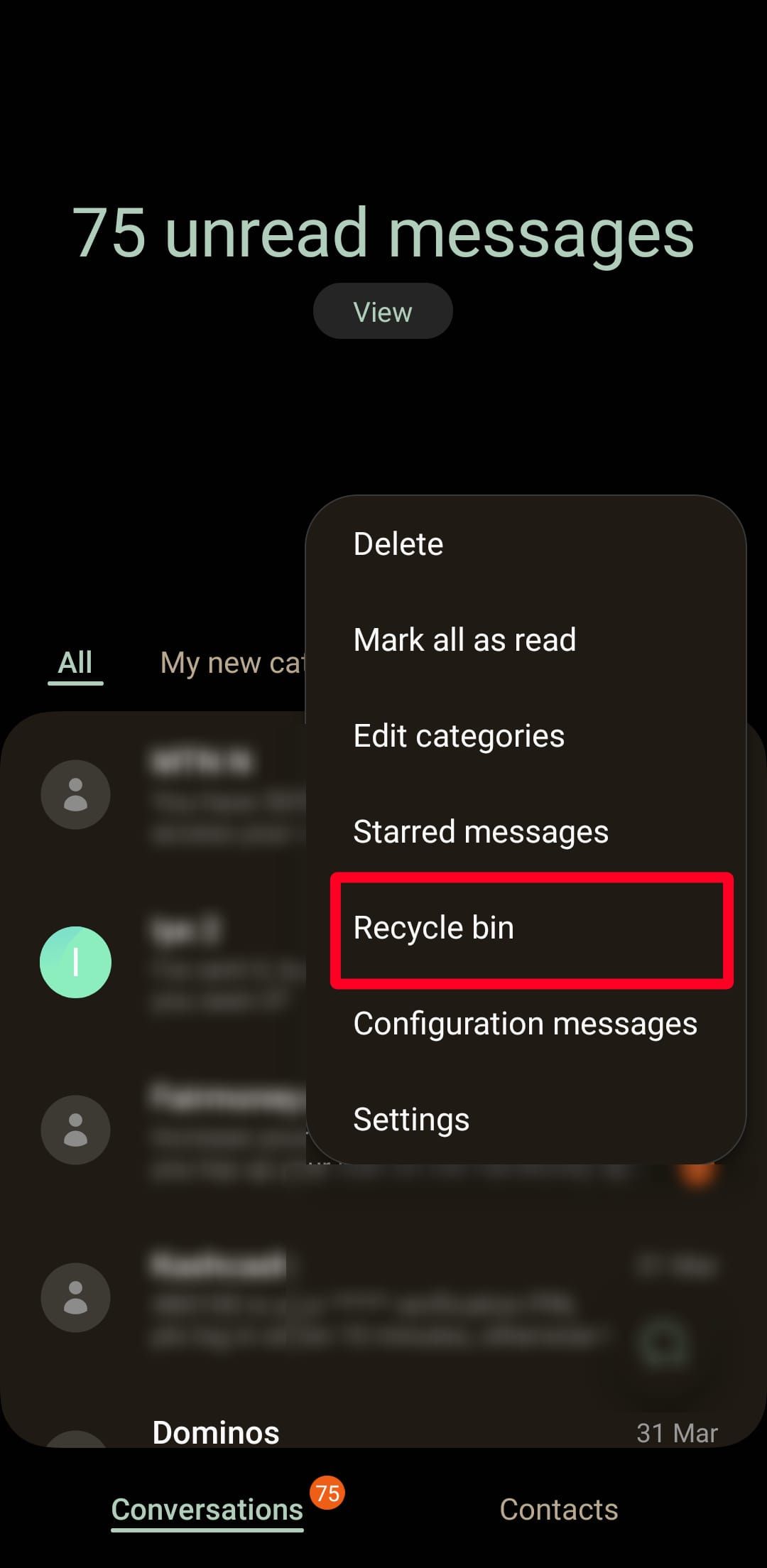 The Samsung Messages app options list with the Recycle bin option highlighted with a red box