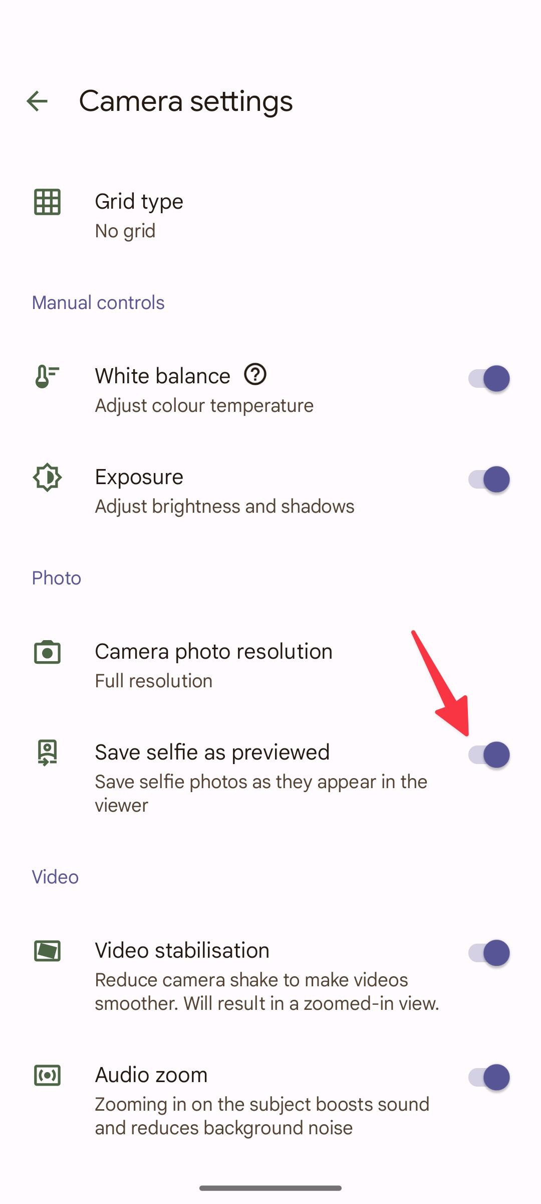 Save selfies as previewed toggle