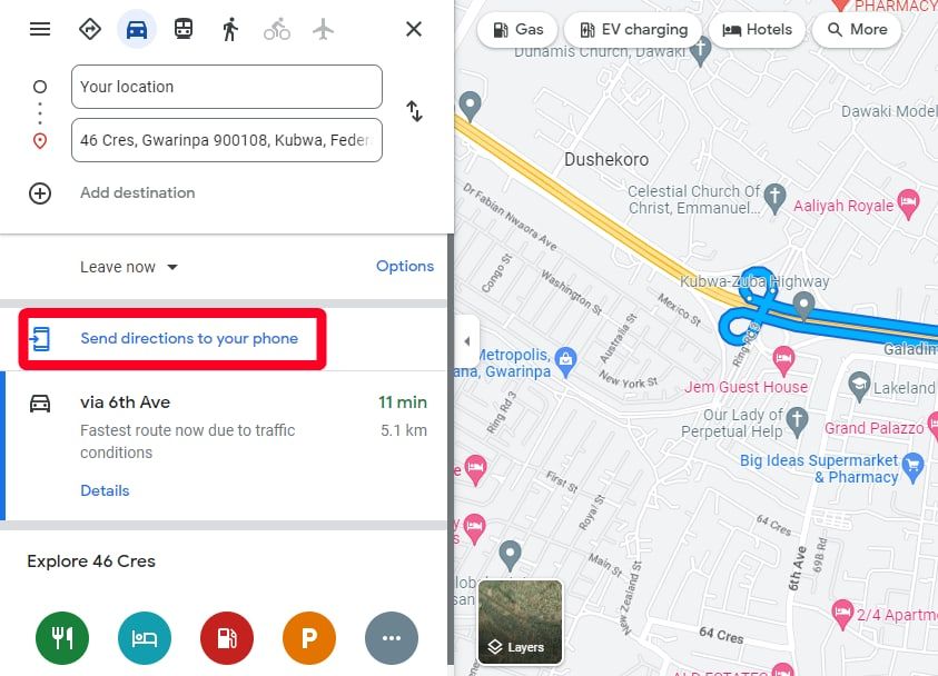 Send directions to your phone option on Google Maps website