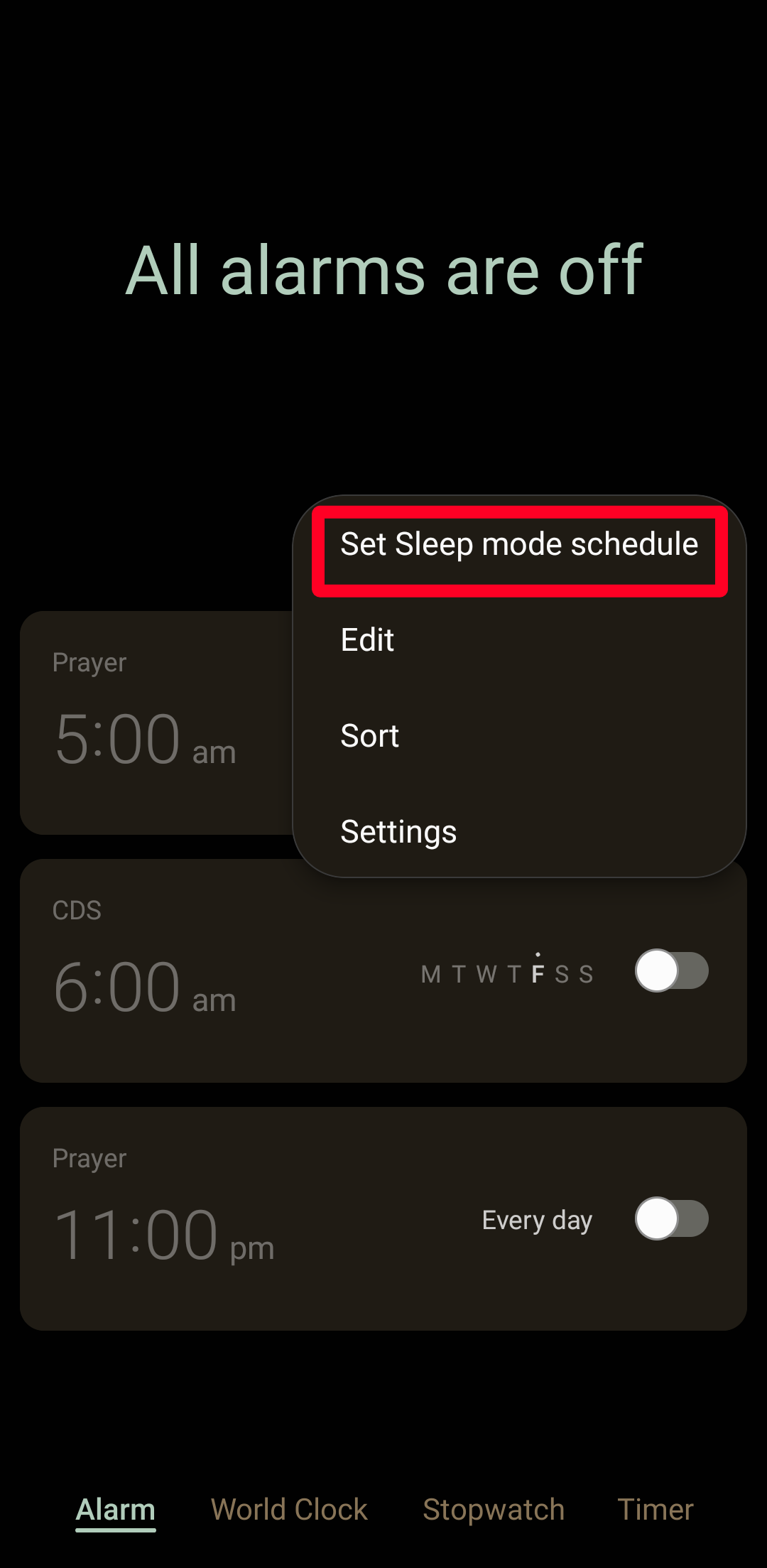 Tetapkan jadwal mode Tidur di aplikasi Jam Samsung