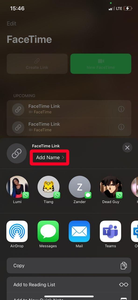 Share options for FaceTime link