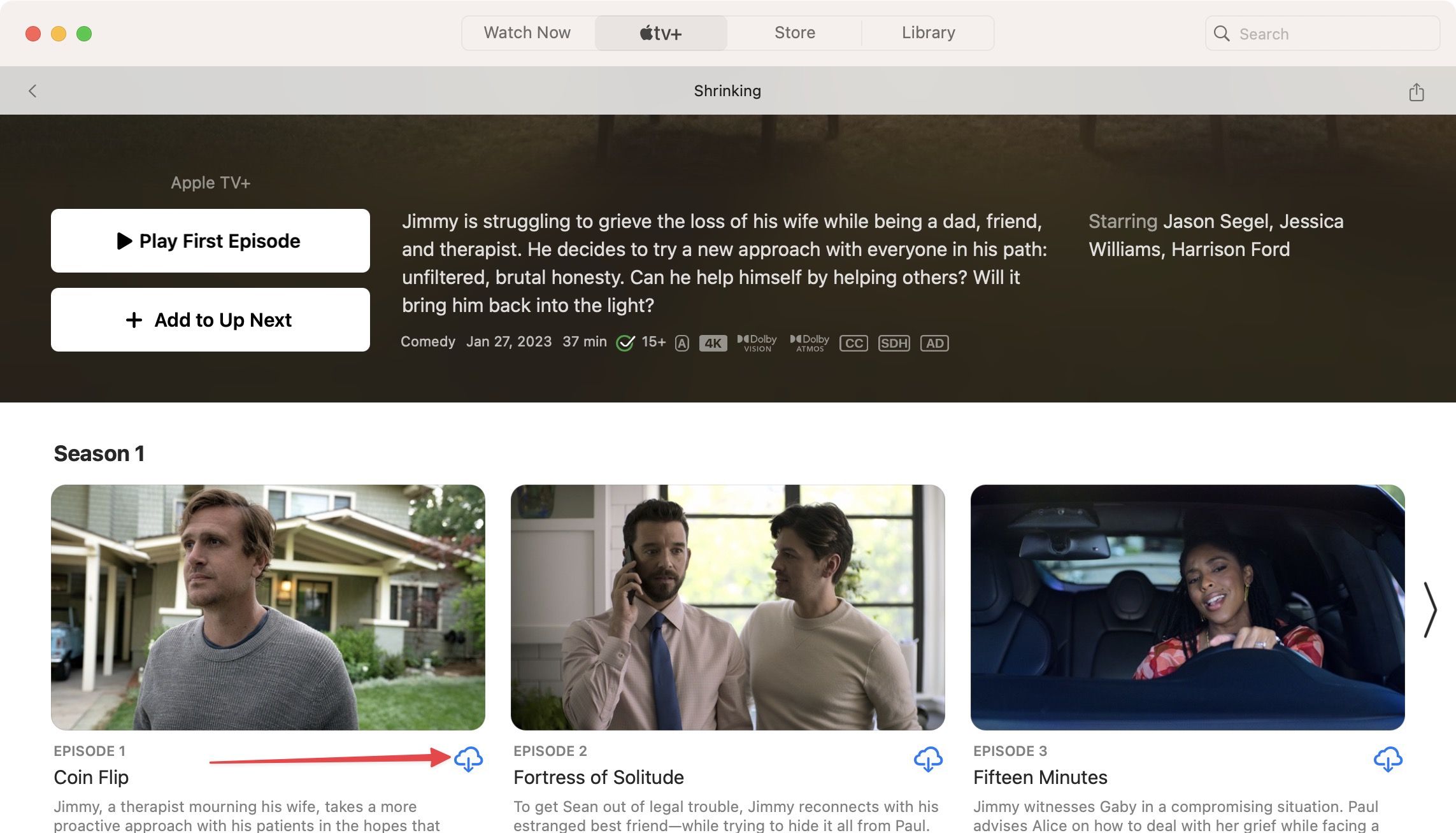 Screenshot showing TV series download button in Apple TV Mac App 
