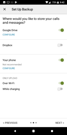 Screenshot shows Set Up Backup settings in SMS Backup & Restore.
