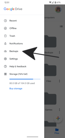 Screenshot shows backup tab in Google Drive.