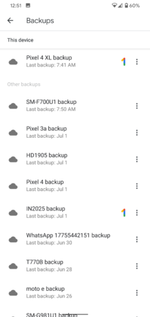 Screenshot shows list of backups in Google Drive.