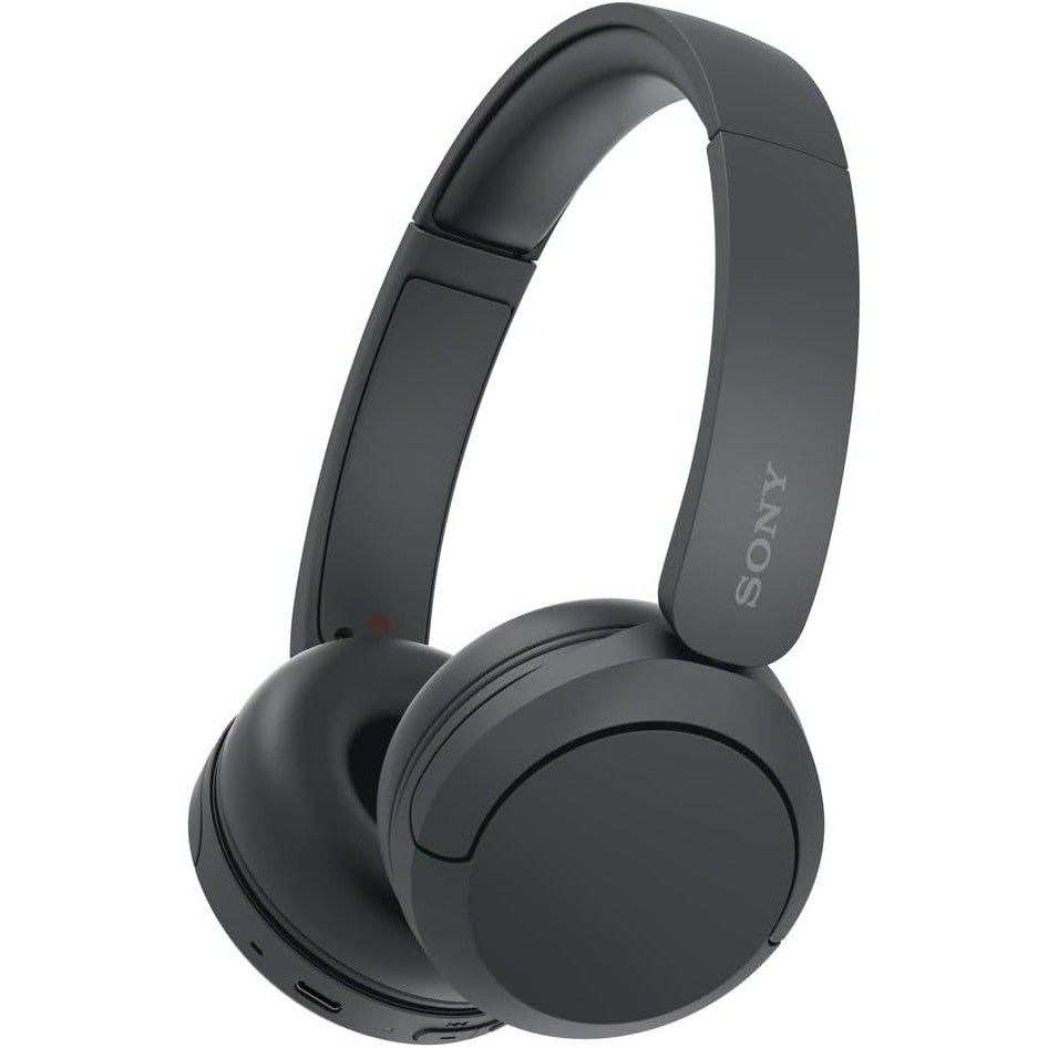 Black Sony WH-CH520 Bluetooth headphones positioned at an angle on white background