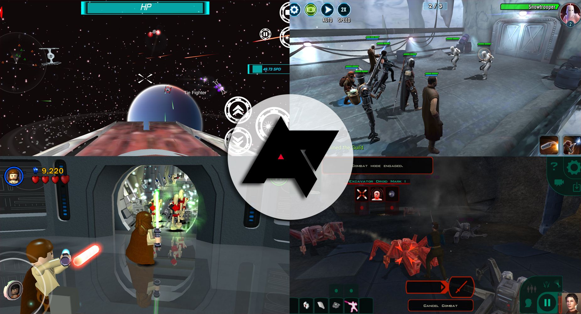 composite of gameplay from X-Wing Flight, Star Wars Galaxy of Heroes, Lego Star Wars: TCS, and Star Wars: KOTOR 2