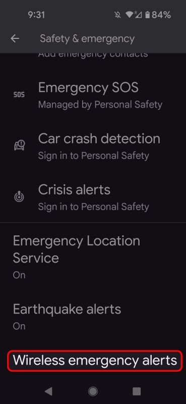 stock Android safety and emergency menu highlighting the Wireless emergency alerts option.