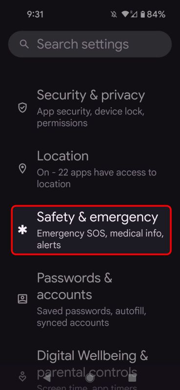 stock Android settings menu highlighting the Safety & emergency option.