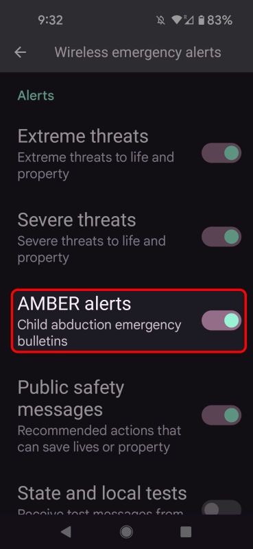 stock Android wireless emergency alerts menu highlighting the Amber Alerts toggle.