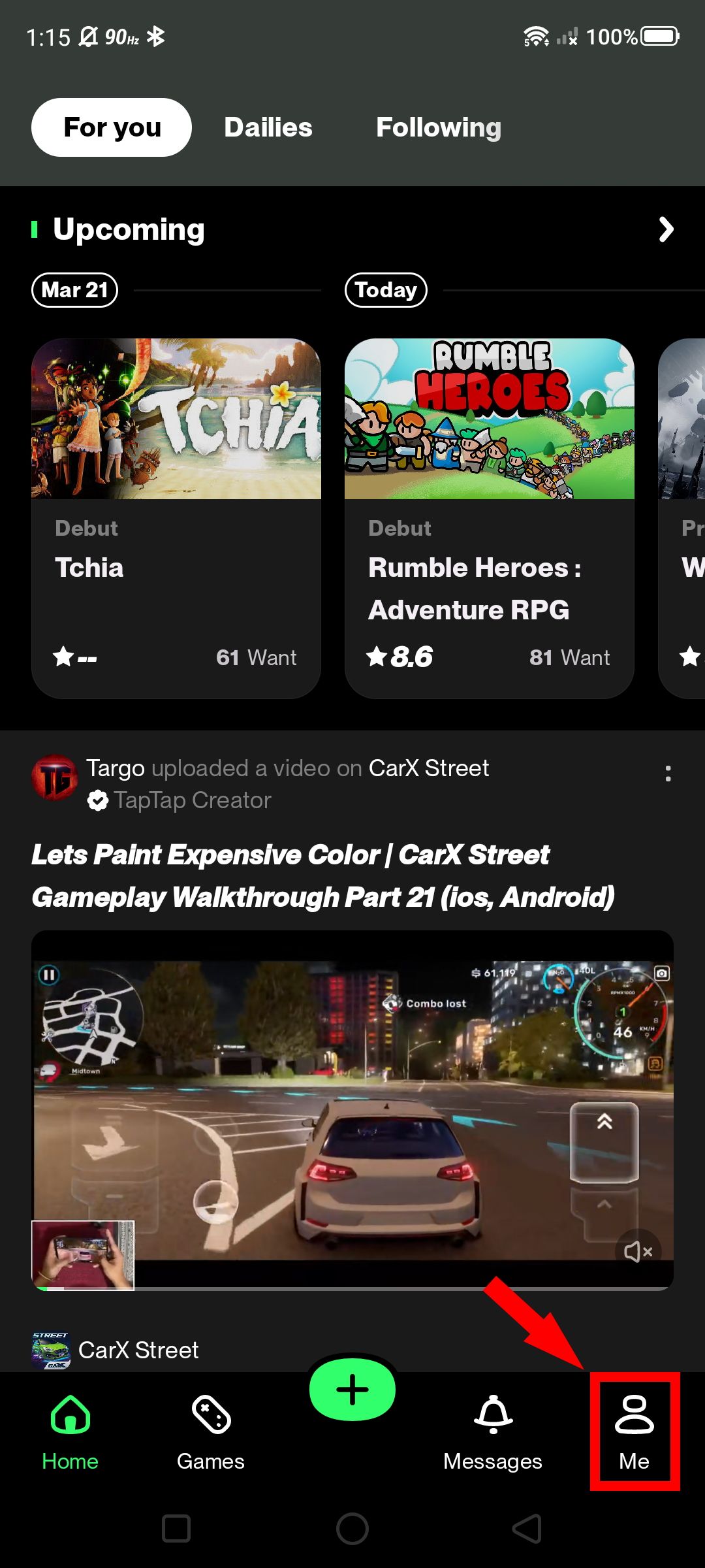 Captura de tela do acesso a uma lista selecionada no TapTap 