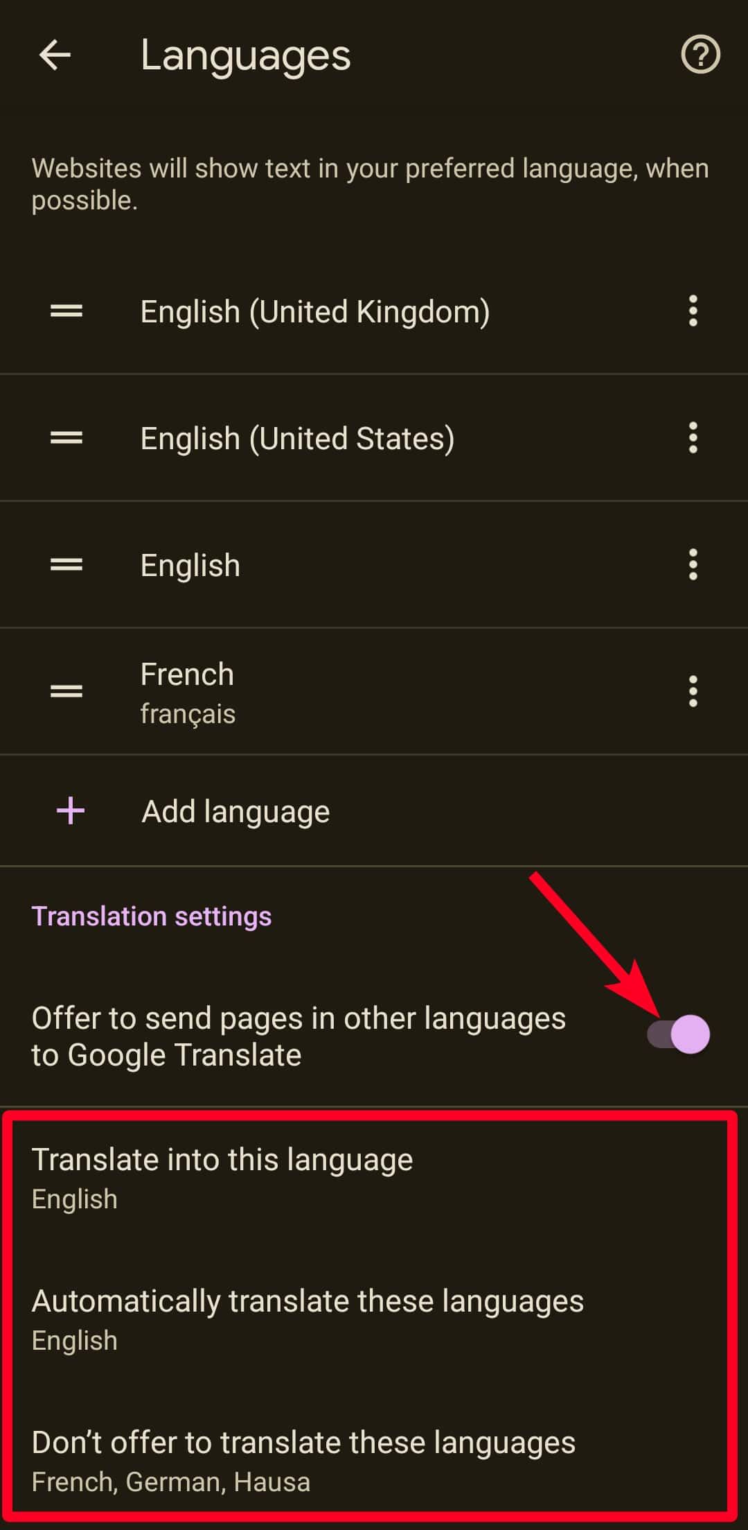 Translation settings in Chrome on Android.