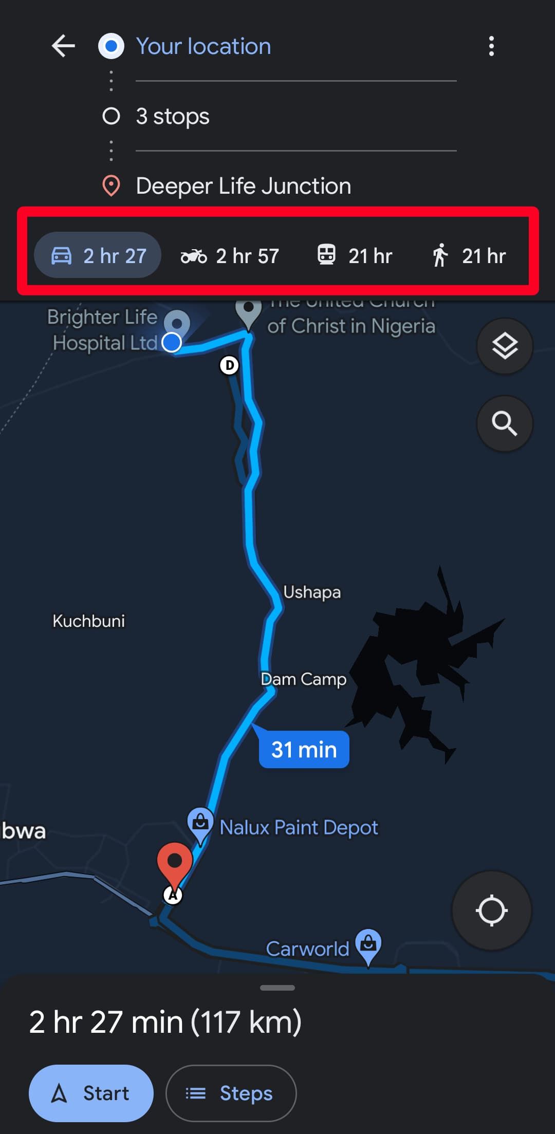 Modos de transporte no aplicativo móvel do Google Maps