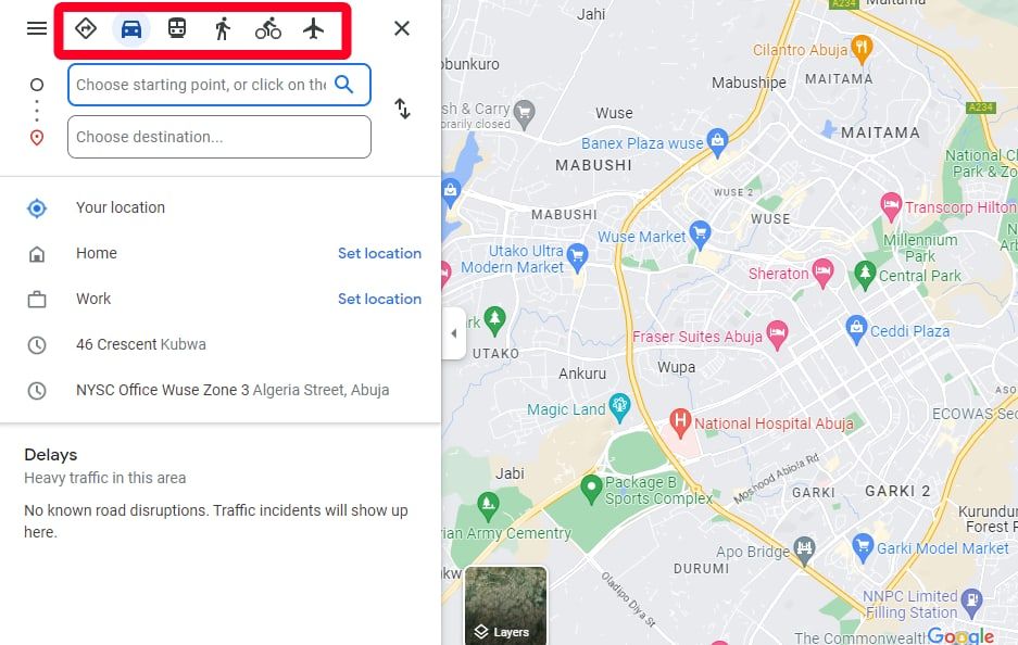 Transportation modes on Google Maps website