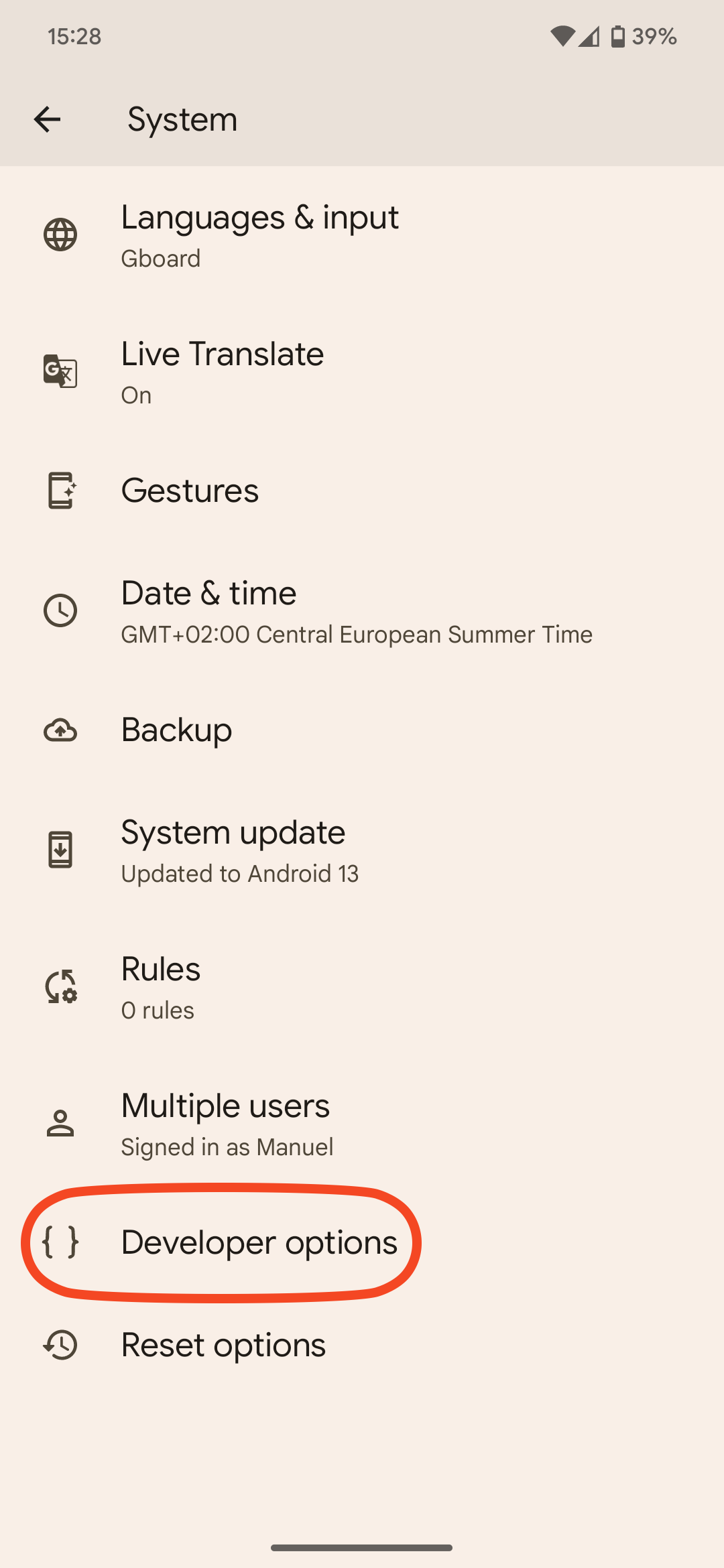Screenshot showing the Developer options in Android 13's system settings' system section