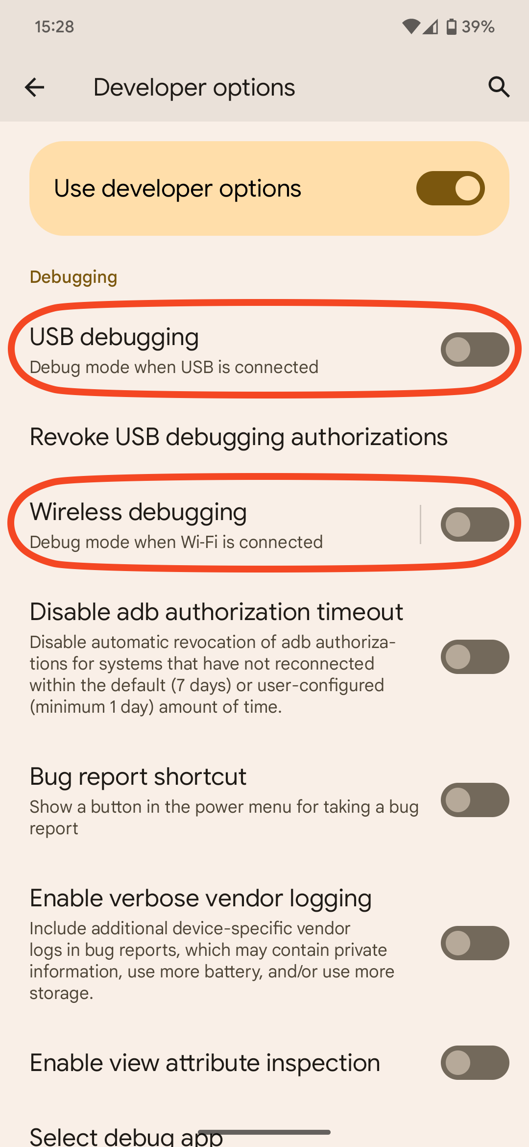 Screenshot showing Android's developer options with USB debugging and wireless debugging highlighted