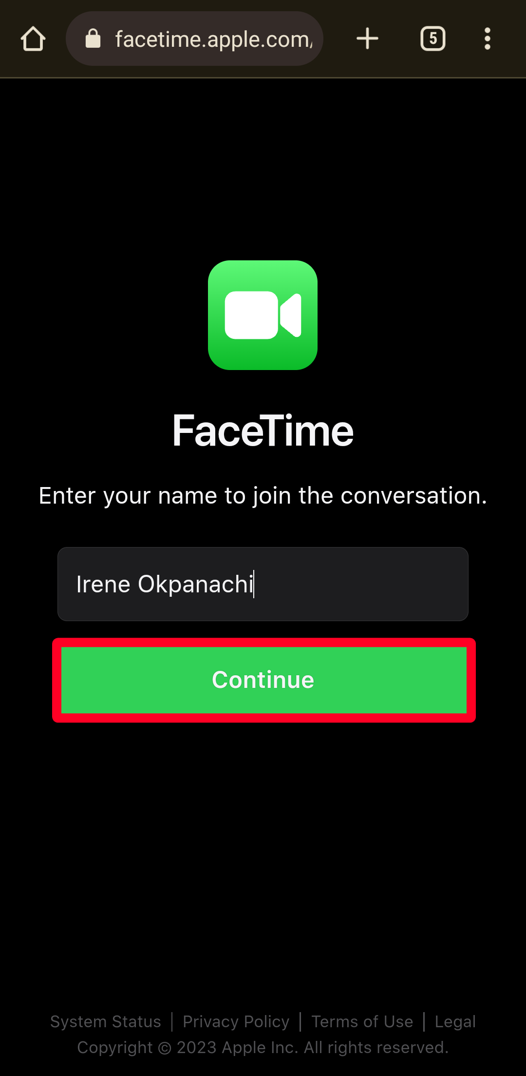 red rectangle outline over green continue button under enter your name to join the conversion in FaceTime app