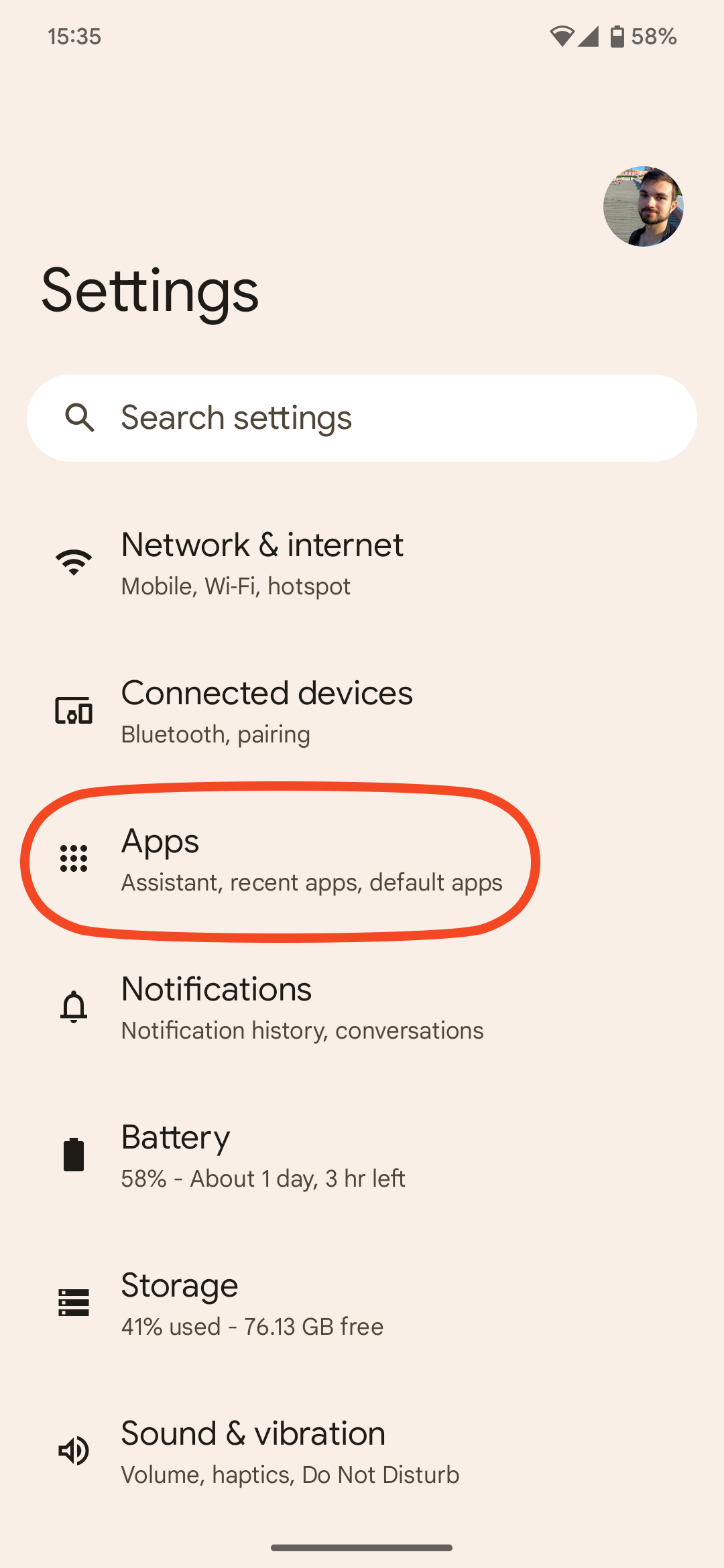 Screenshot of Android 13's system settings, with Apps section highlighted