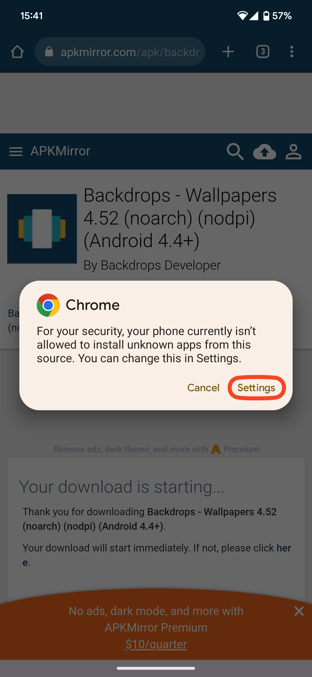 Screenshot of Chrome's security settings preventing app installation, with shortcut to Settings highlighted