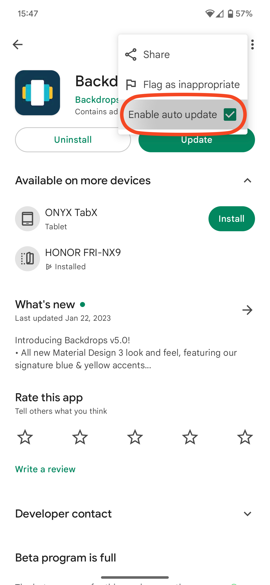 Screenshot of Play Store listing with "Enable auto update" toggle highlighted