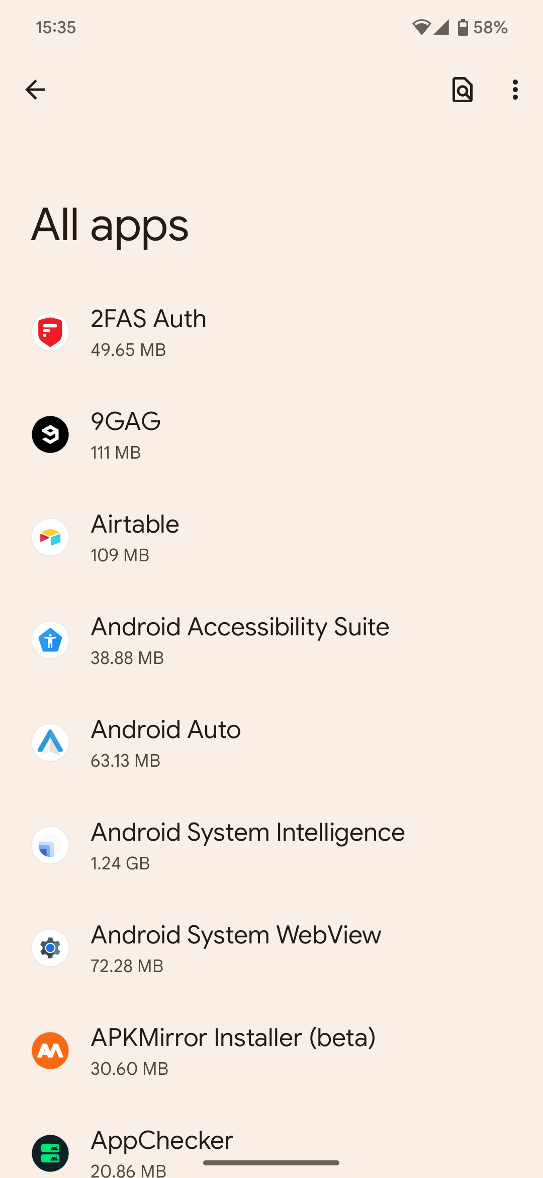 Screenshot of All apps section in Android 13's system settings
