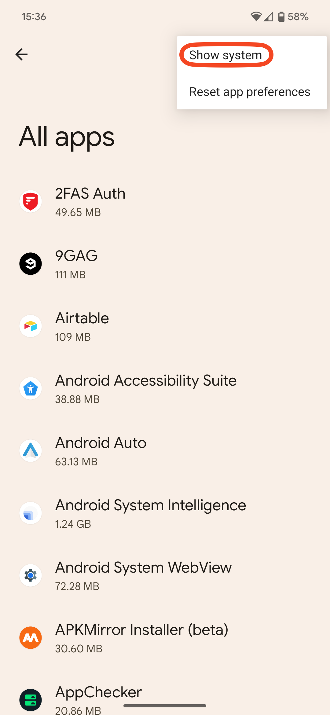 Screenshot of All apps section with Show system option highlighted in Android 13's system settings
