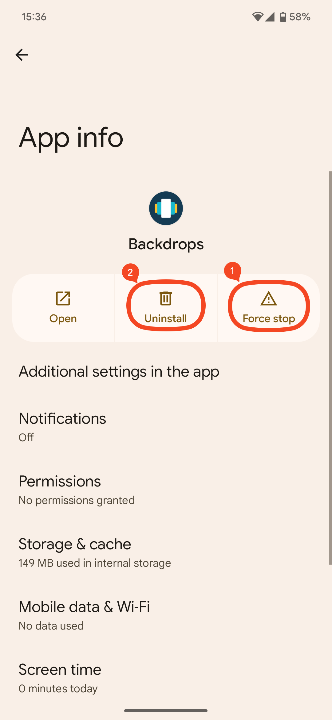 Screenshot of app info section with Force Stop and Uninstall options highlighted