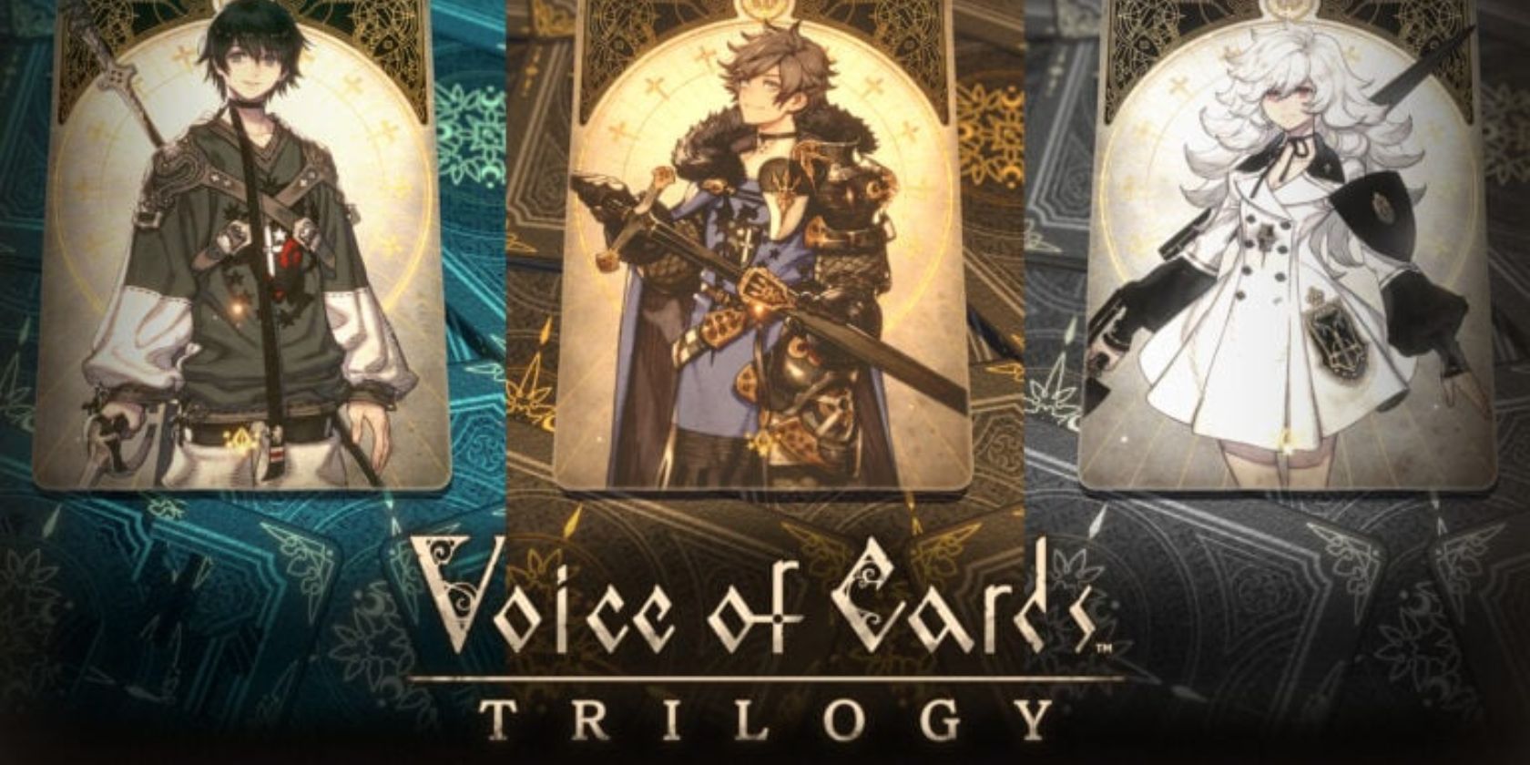 three stylized characters from the voice of cards game standing in portraits