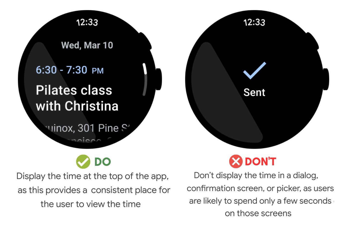 Aplikasi Wear OS 3 harus menampilkan waktu di bagian atas
