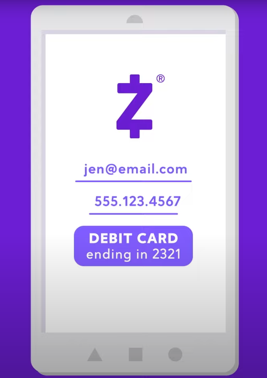 Aplikasi Zelle menampilkan nama pengguna, nomor telepon, dan informasi kartu debit