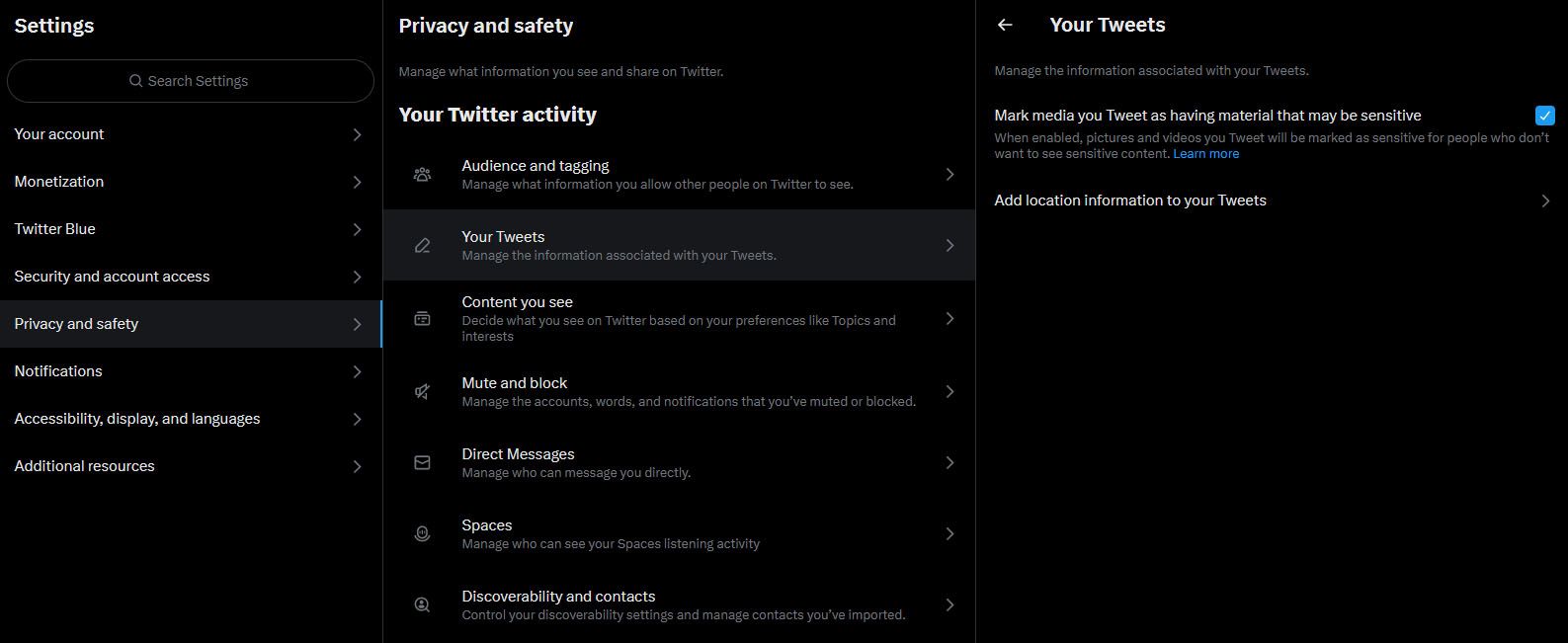 Twitter privacy and safety mark your tweets as mild boom material setting