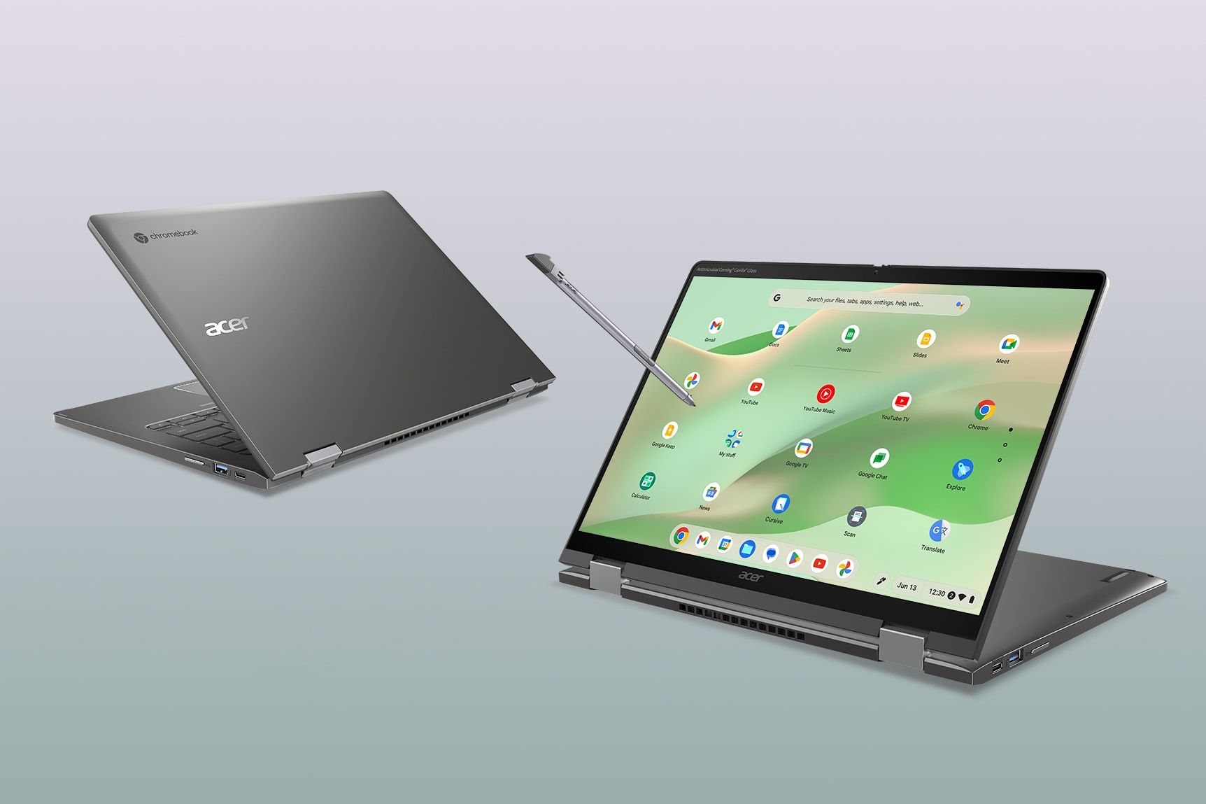 Two Acer Chromebook Spin 714 units from the front and back with stylus in view