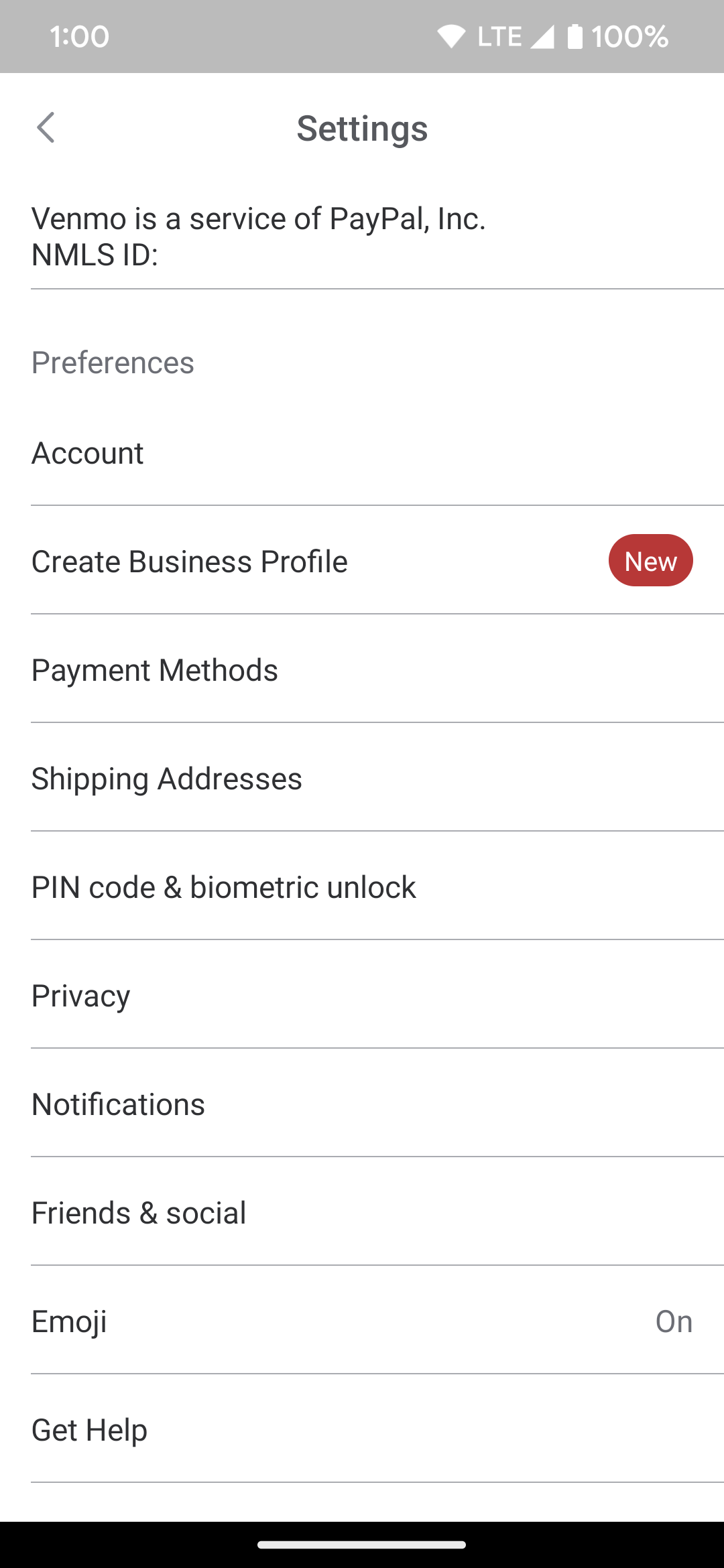 The main settings page for a Venmo account.