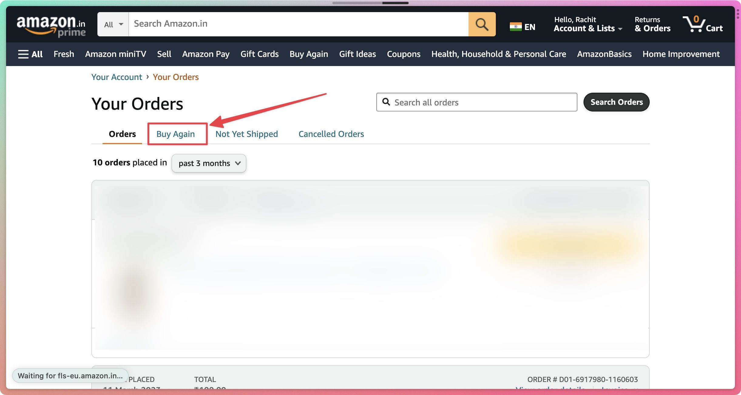 Escolhendo a opção Comprar novamente na página Histórico de pedidos da Amazon