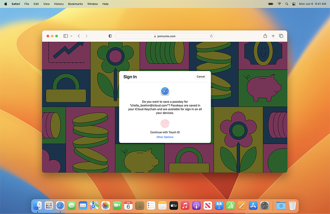 Pergunta de login para uma chave de acesso em uma tela do Mac com fundo colorido.