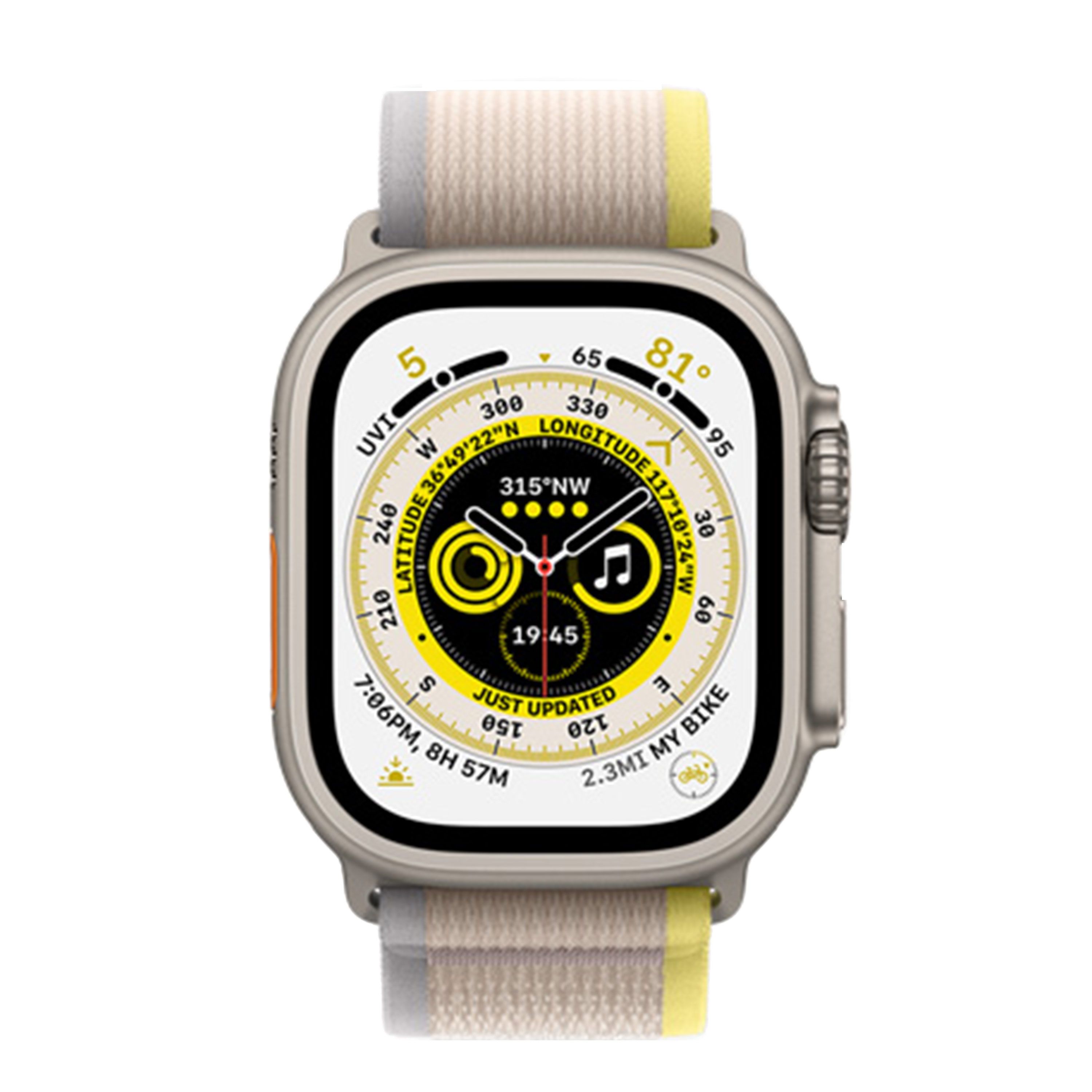 An Apple Watch Ultra with a tan, yellow, and gray strap against a white background 