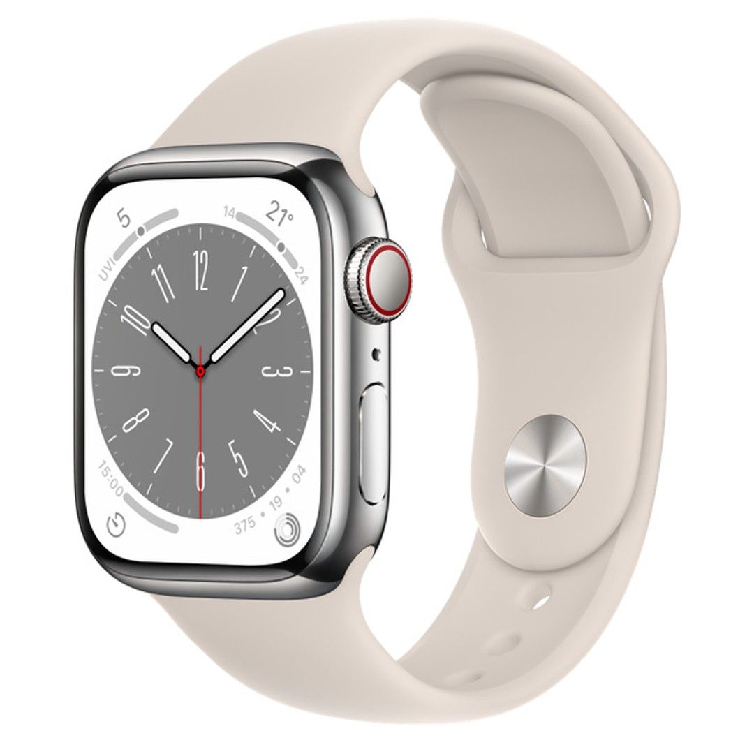 Apple Watch Series 8 Smartwatch with a tan band on a white background