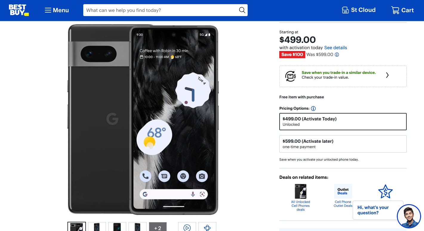 A screenshot showing Best Buy Activate Today deal on a Google Pixel 7