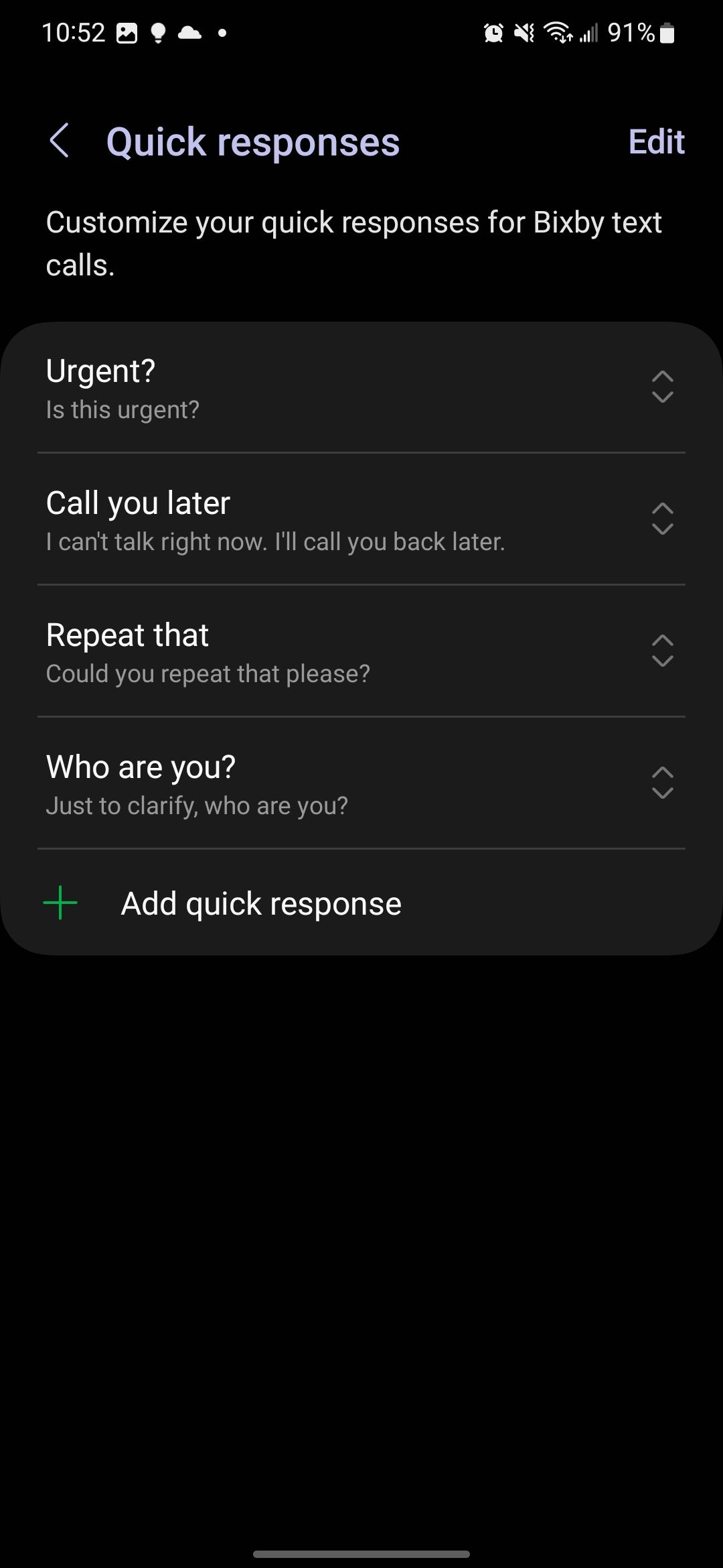 As configurações de respostas rápidas para o recurso Bixby Text Call