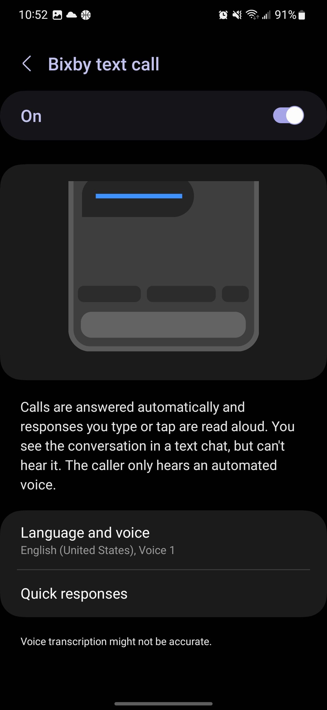 Configurações de chamada de texto Bixby em um telefone Samsung