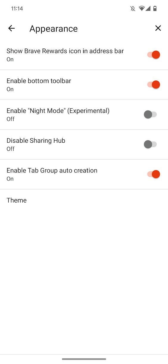 captura de tela do aplicativo Brave mostrando as configurações de aparência