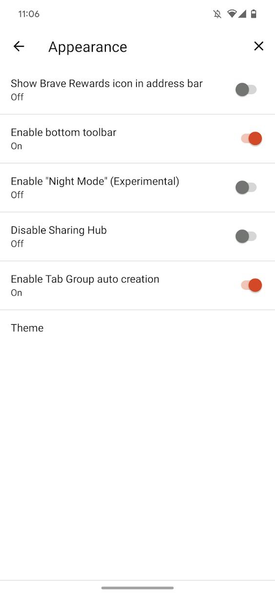 captura de tela do aplicativo Brave mostrando as configurações de aparência