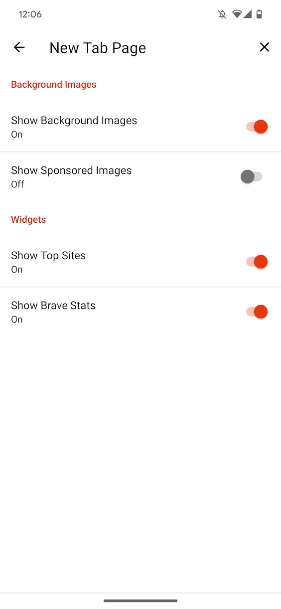 captura de tela do aplicativo Brave mostrando as configurações para novas guias